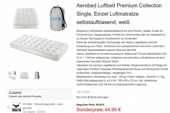 Aerobed Luftbett Premium Collection Single, selbstaufblasend 44,95€ - 50% gespart