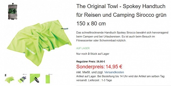The Original Towl - Spokey Handtuch 14,95€ - 62% Ersparnis