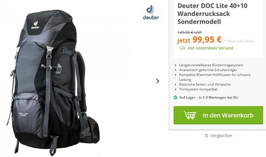 Deuter Doc Lite 40+10 für 99,95€ - 33% Ersparnis