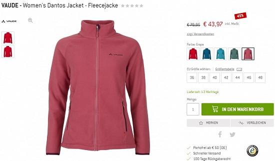 Vaude - Women's Dantos Jacket - Fleecejacke 43,97€ - 45% Ersparnis