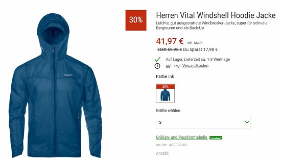 Rab Herren Vital Windshell Hoodie Jacke 41,97€ - 30% billiger