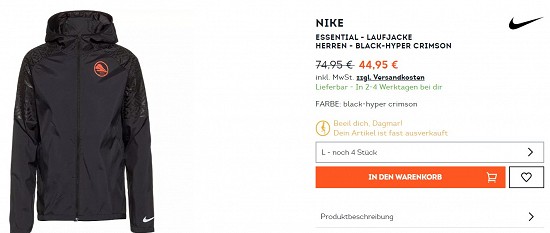 NIKE Essential - Laufjacke Herren - Black-Hyper Crimson 44,95€ - 40% billiger