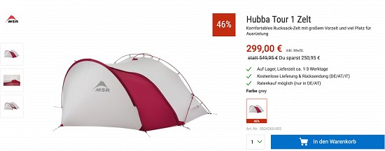 Schnapp Dir das MSR Hubba Tour 1 Zelt für nur 299 € bei Bergzeit