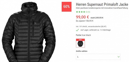 Herren Supernaut Primaloft Jacke 99,00€- 60% gespart