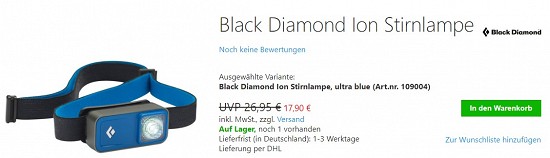 Black Diamond Ion Stirnlampe 17,90€ - 33% gespart